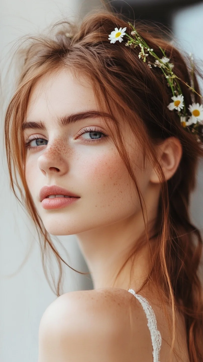 Effortless Boho Chic Romantic Half-Up Hairstyle with Floral Accents