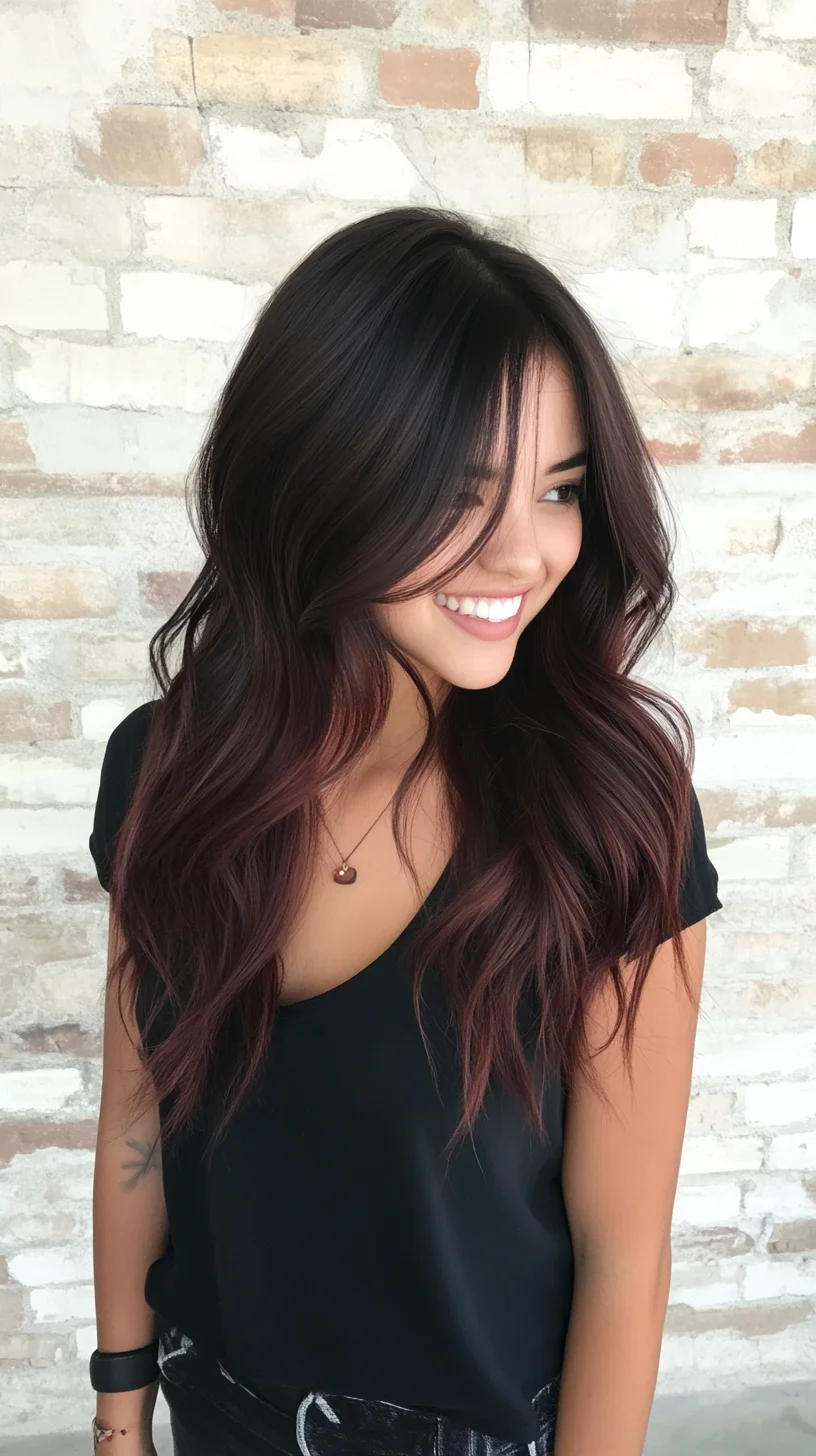 Effortless Elegance: The Chic Long Layered Waves with Rich Burgundy Highlights