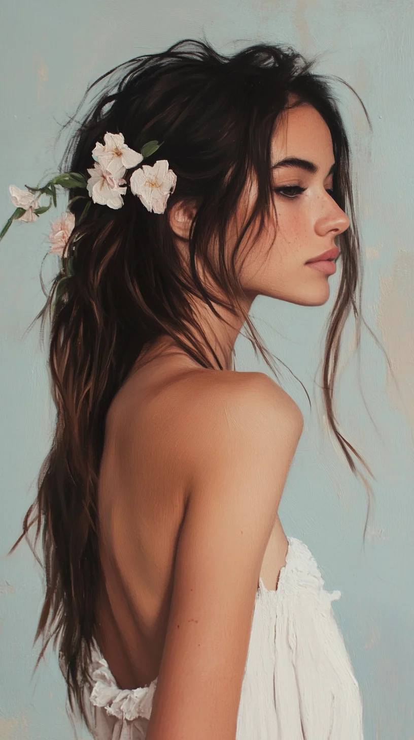 Effortlessly Bohemian The Chic Long, Textured Hairstyle with Floral Accents