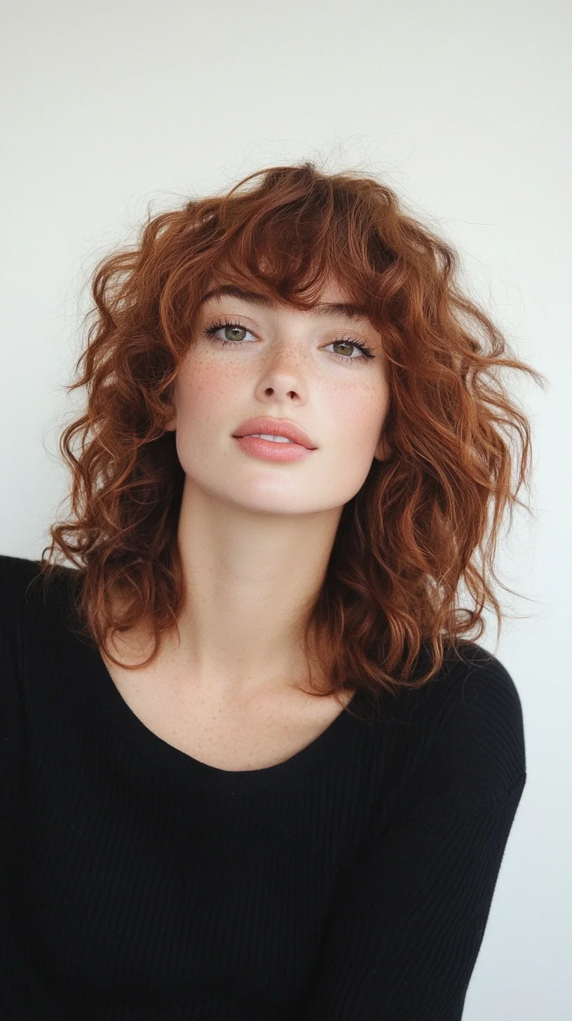 Effortlessly Chic: Curly Chestnut Lob with Bold Bangs