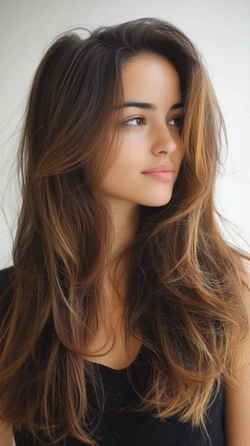 Effortlessly Chic Long Layered Hair with Sun-Kissed Highlights