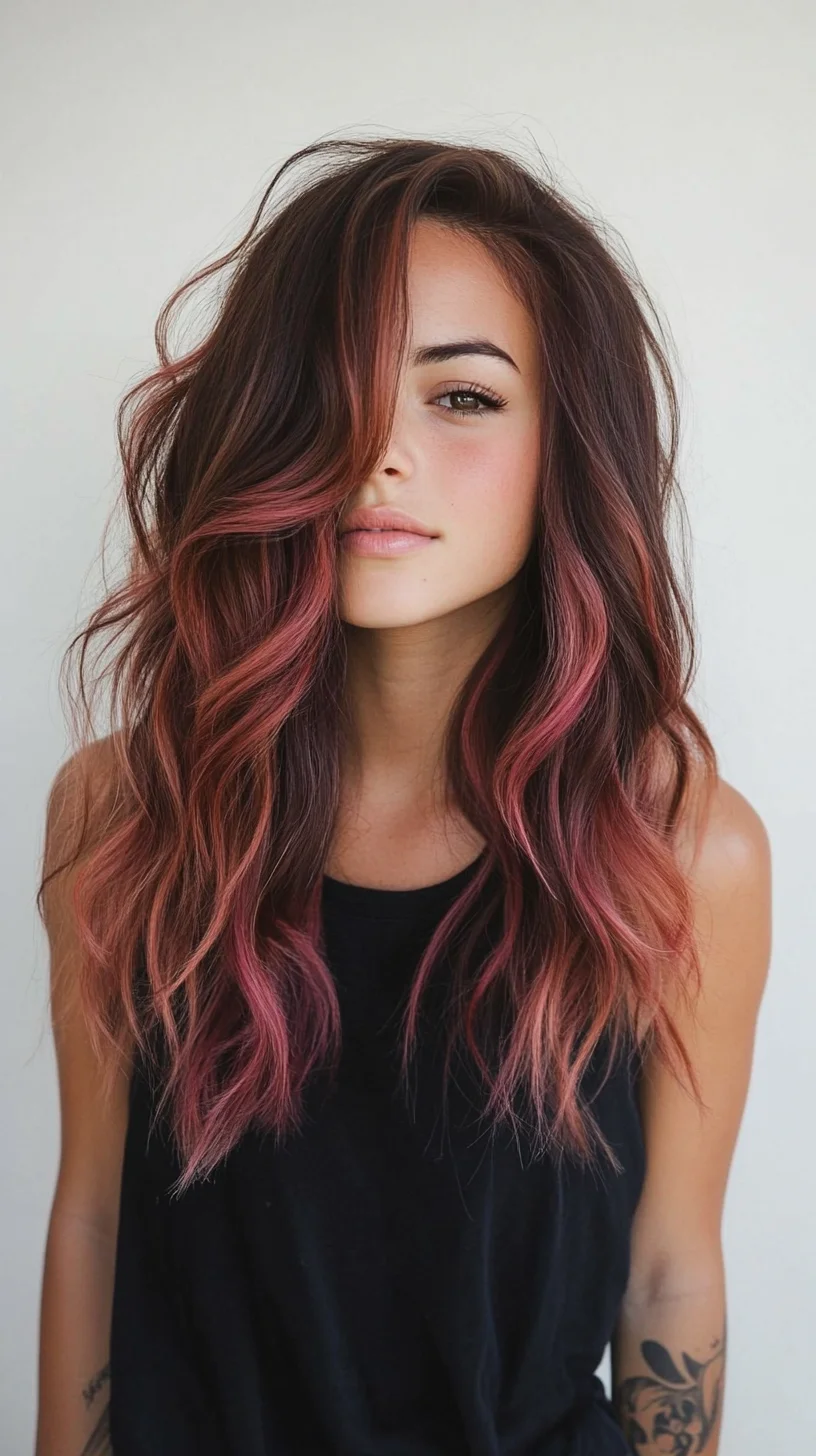 Effortlessly Chic: Long Wavy Hair with Stunning Rose Gold Highlights