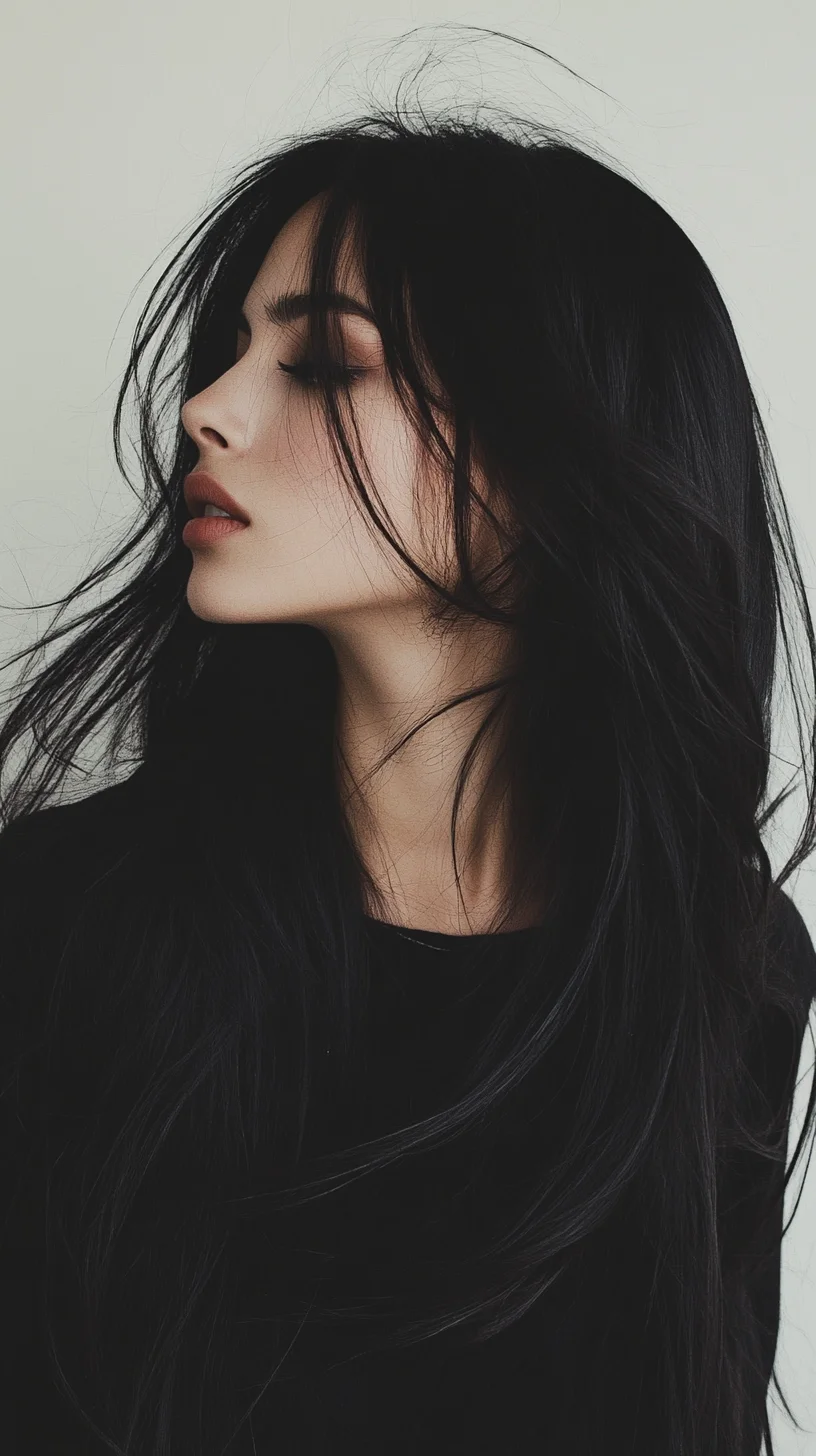 Effortlessly Chic: The Long, Layered Black Hairstyle with Face-Framing Bangs