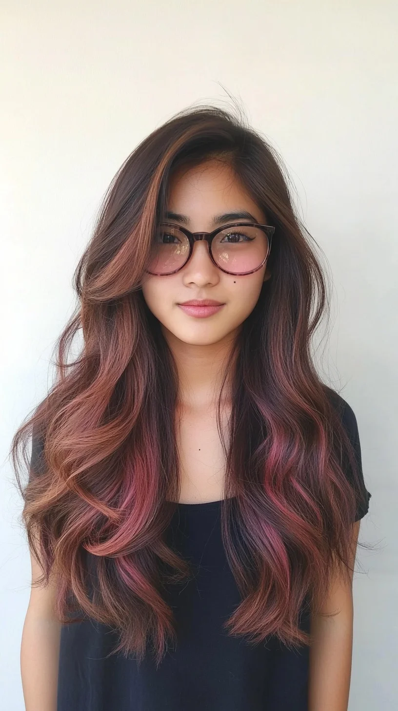 Effortlessly Chic: The Lush Long Waves with Subtle Pink Highlights