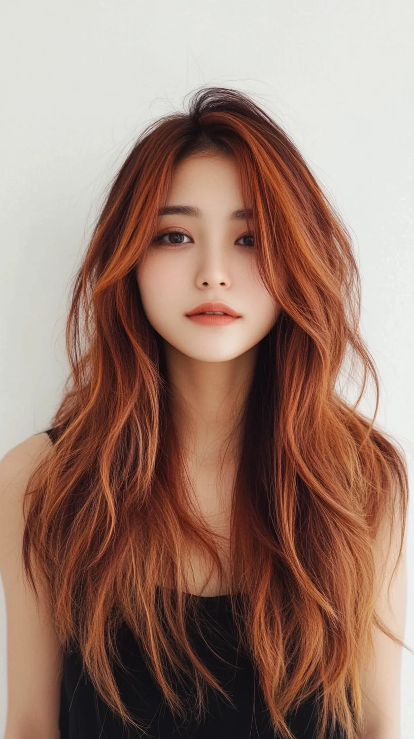 Effortlessly Chic: The Messy Layered Beach Waves with a Warm Copper Tint