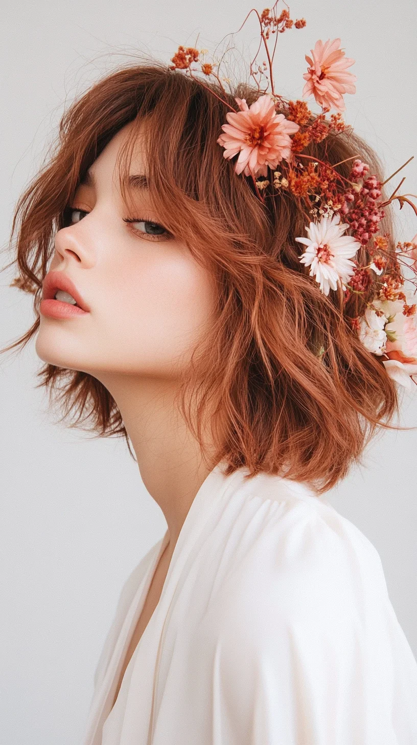 Effortlessly Chic The Textured Bob with Floral Accents