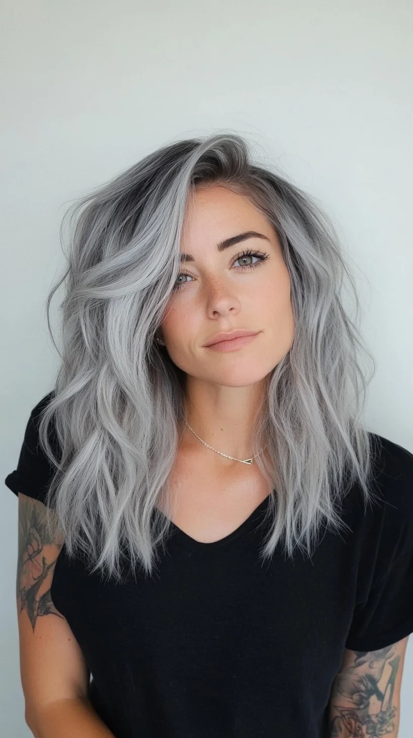 Effortlessly Chic: Wavy Gray Lob with Volume and Texture