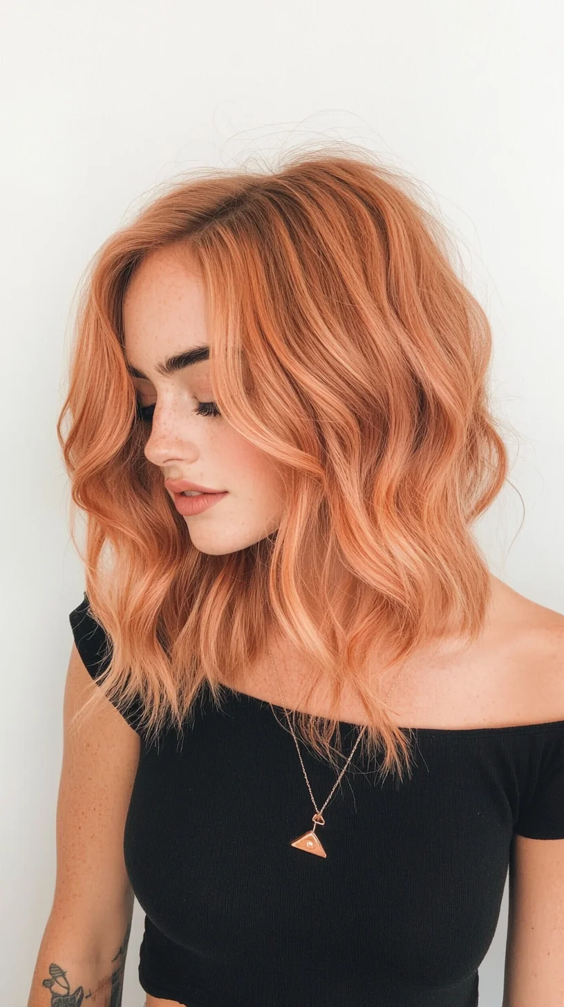 Effortlessly Chic Wavy Layered Lob in Warm Peach