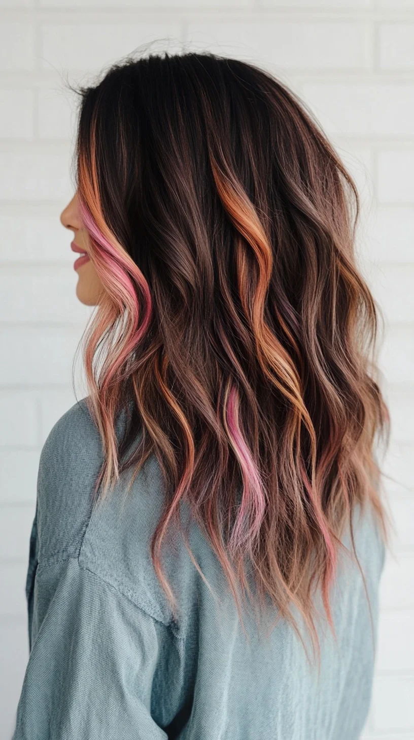 Effortlessly Chic: Wavy Locks with Vibrant Pink Highlights!