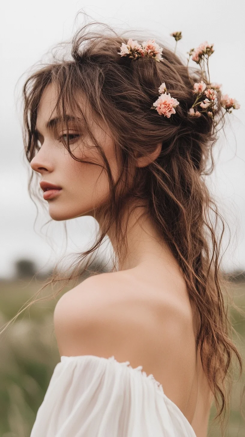 Effortlessly Romantic Half-Up Hairdo with Floral Accents