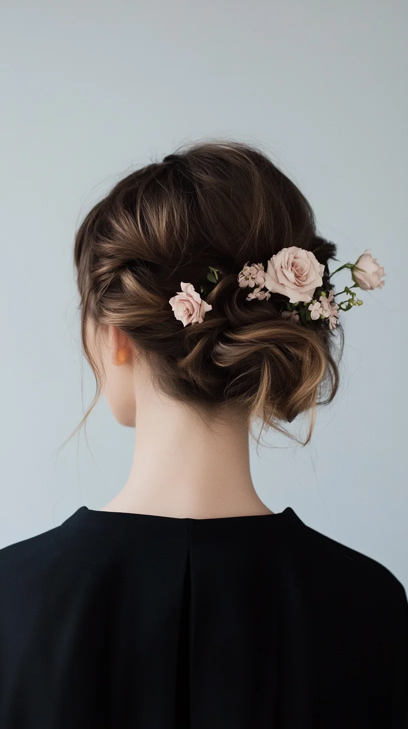 Effortlessly Romantic Updo with Floral Accents for a Chic Look