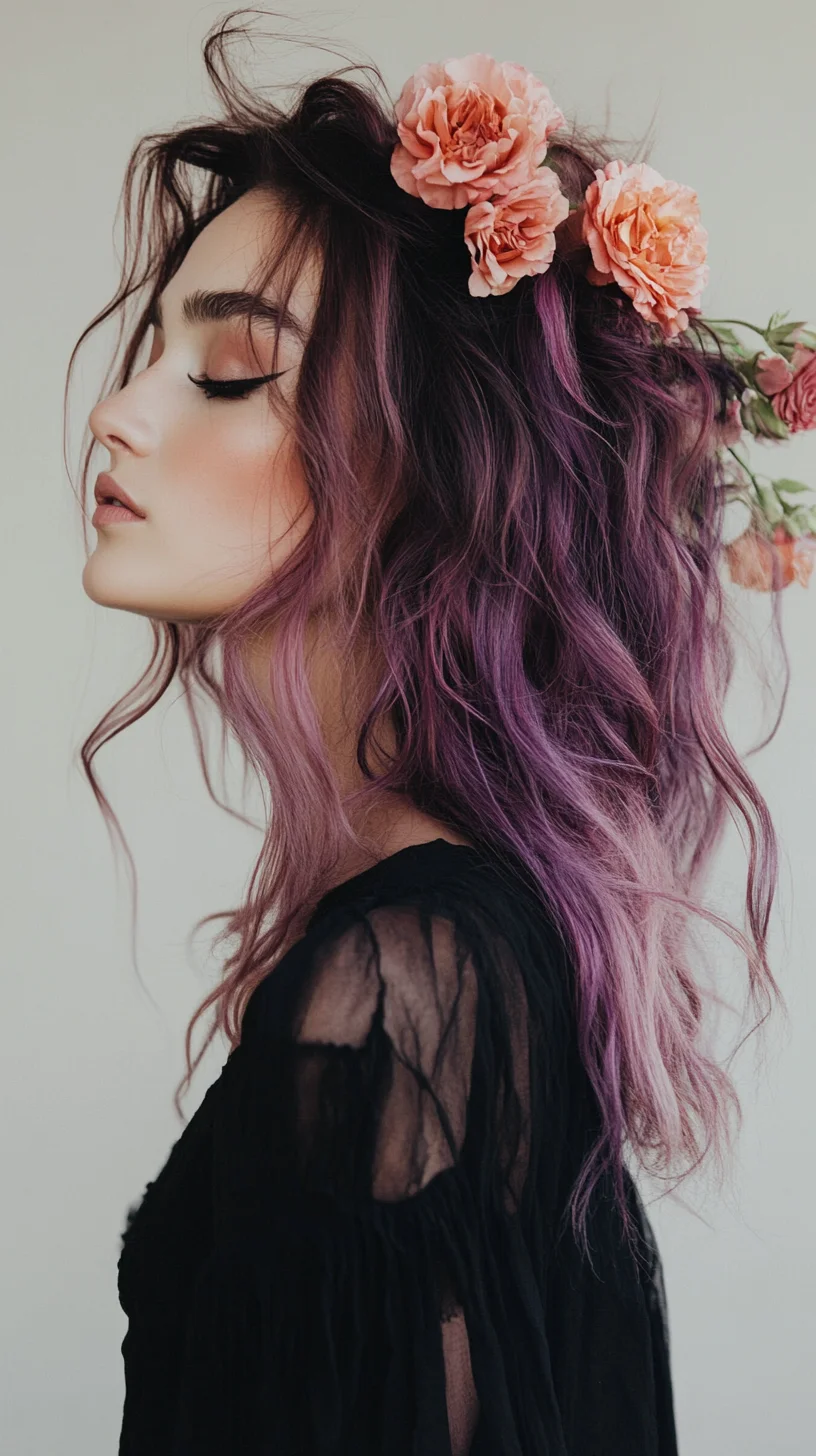 Effortlessly Romantic Waves of Purple Tresses Decorated with Floral Accents