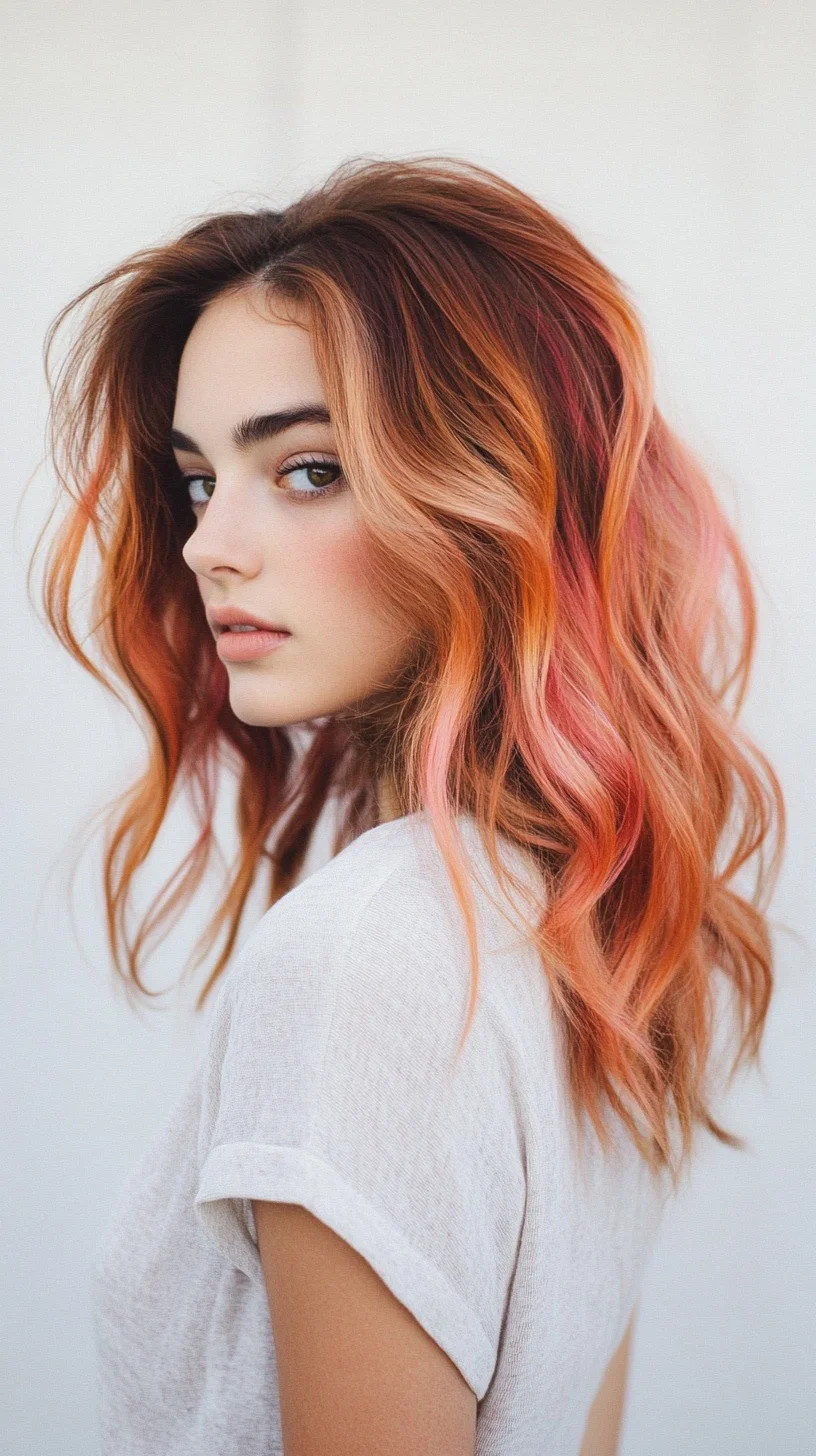 Effortlessly Vibrant: The Perfect Wavy Lob with Sunset Hues