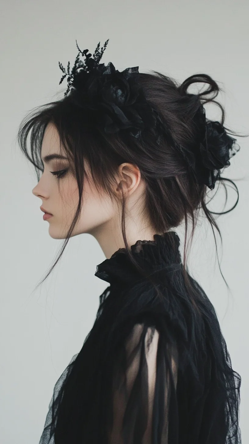 Enigmatic Elegance The Romantic Messy Bun with Floral Accents