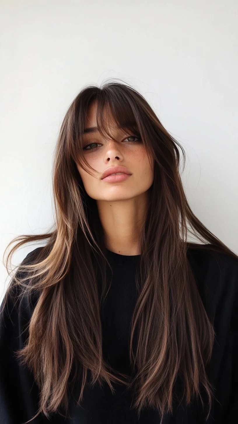 Heading: Effortlessly Chic: Long, Layered Hair with Soft Bangs