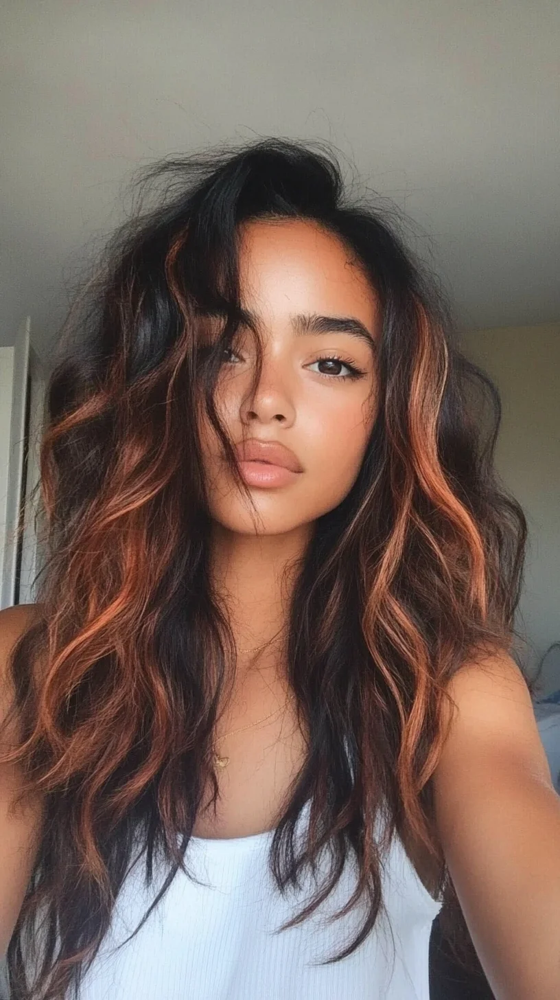 Heading: Effortlessly Chic: Stunning Loose Waves with Fiery Highlights