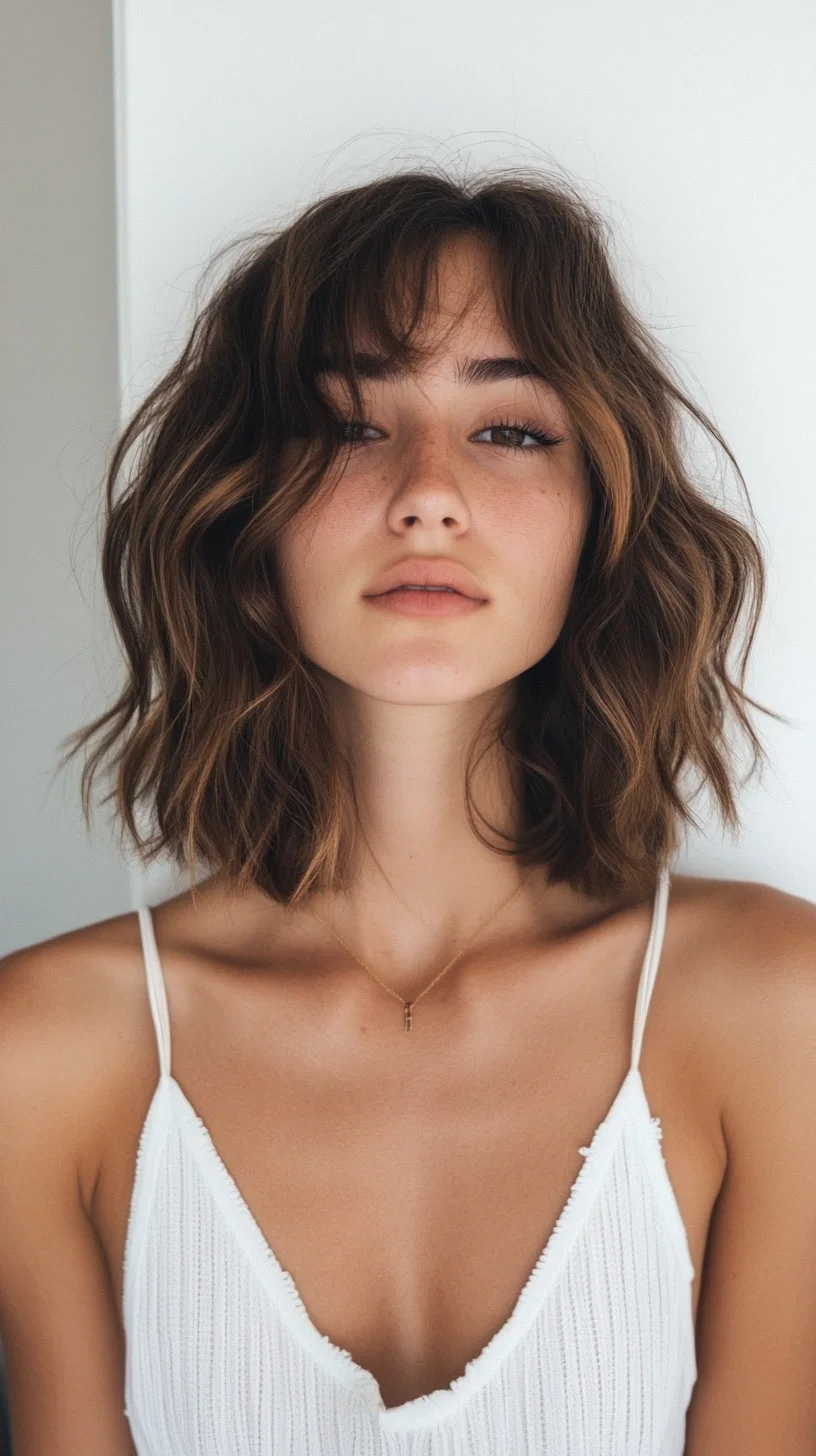 Heading: Effortlessly Chic: The Tousled Shoulder-Length Bob with Bangs