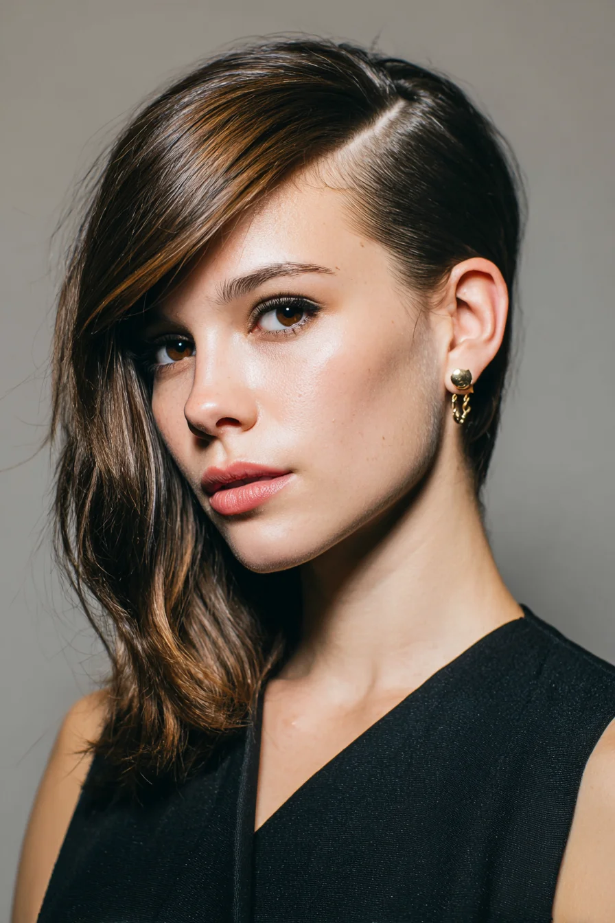 Asymmetrical Deep-Side Part Side-Swept Lob with Tucked Undercut