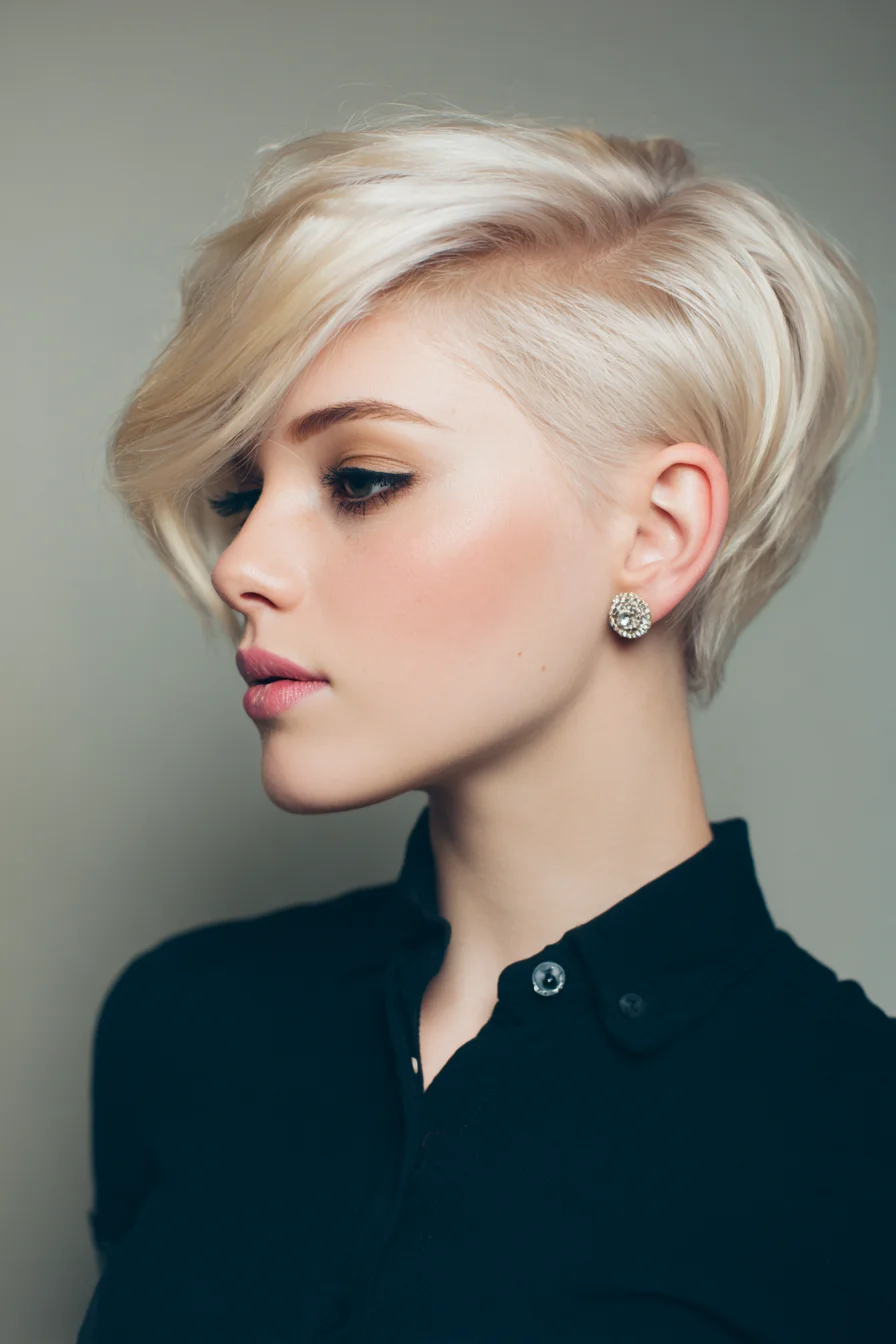 Asymmetrical Side‑Swept Pixie Bob — Textured Platinum Short Cut