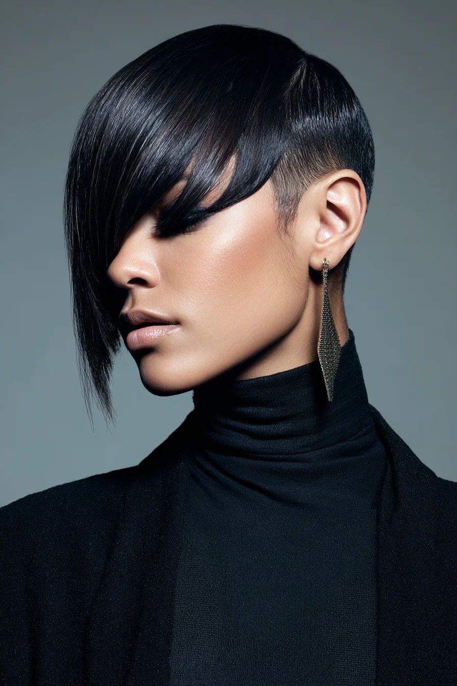 Asymmetrical Sleek Pixie with Long Diagonal Fringe and Tapered Undercut