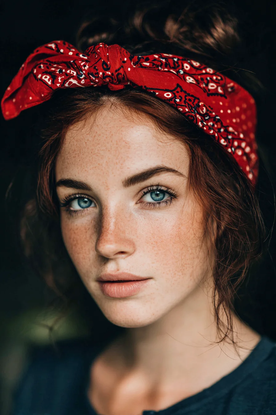 Bandana-Tied Messy Bun with Face-Framing Tendrils