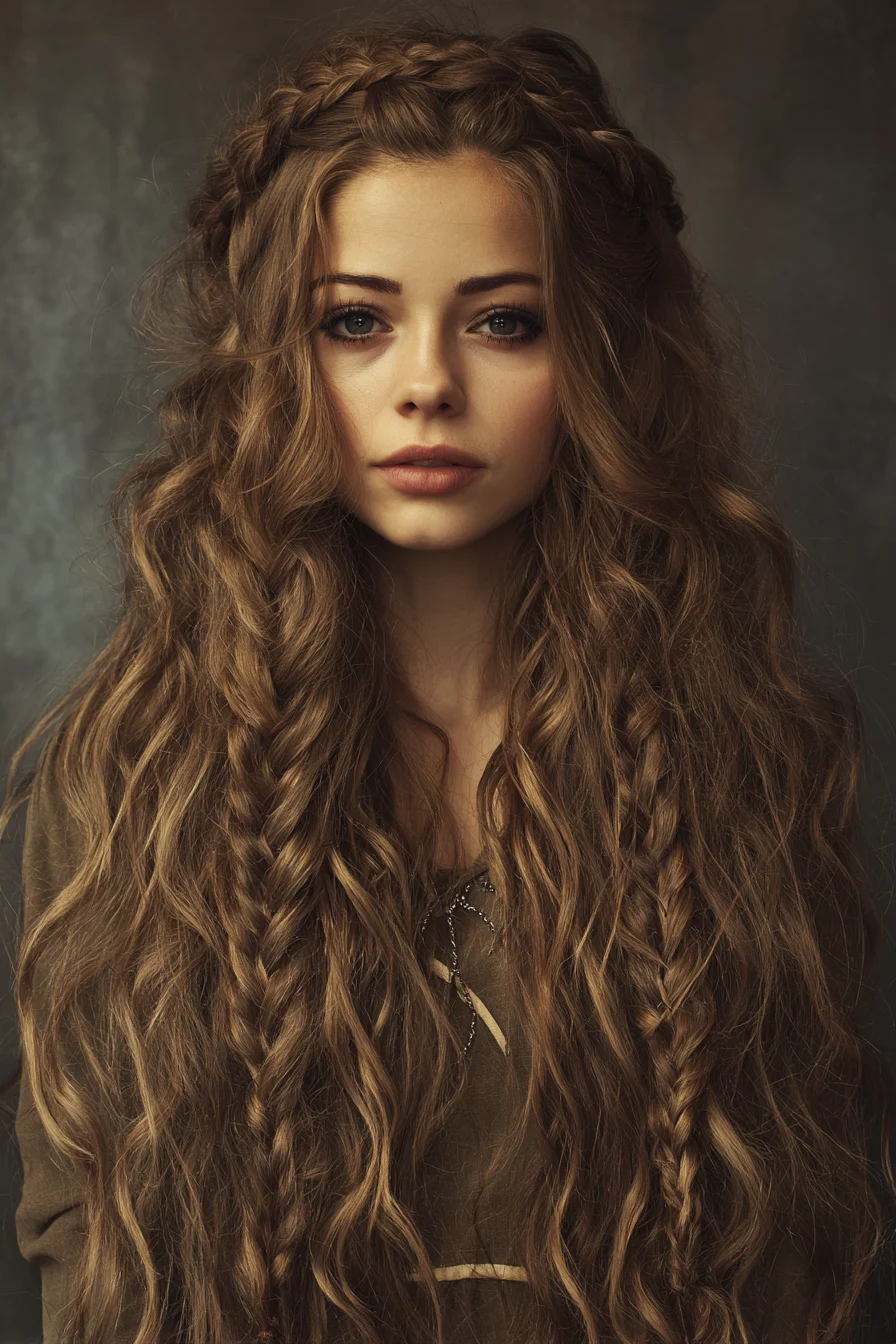 Boho Crown Braid with Loose Fishtails on Long Wavy Hair