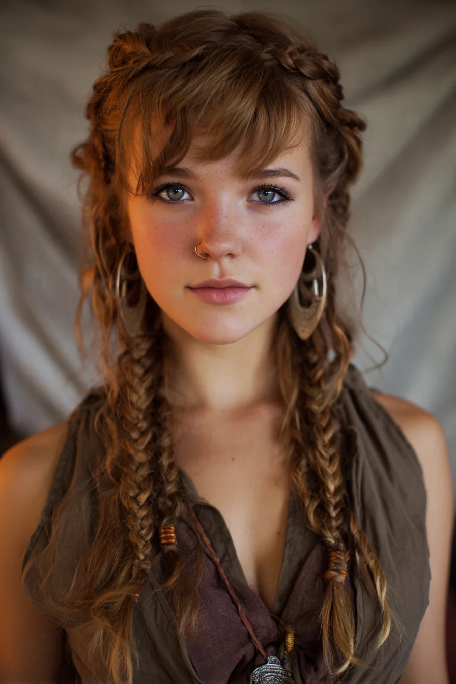 Boho Double Braids with Crown Twist and Curtain Bangs