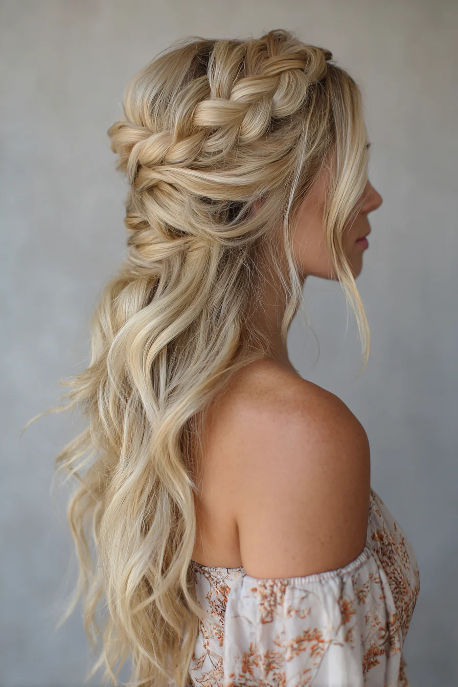 Boho Half-Up Dutch Braid with Loose Beachy Waves