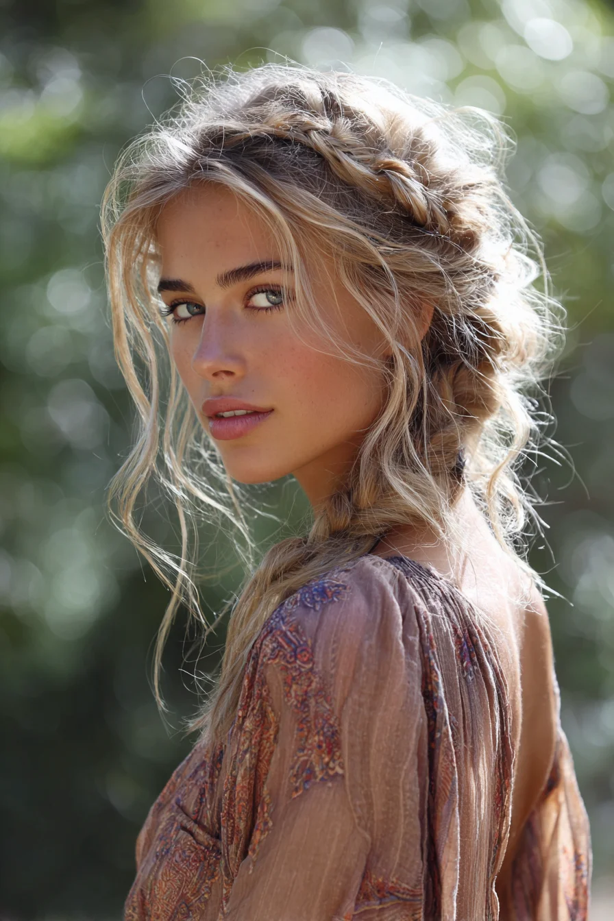 Boho Loose Braided Updo with Face‑Framing Tendrils