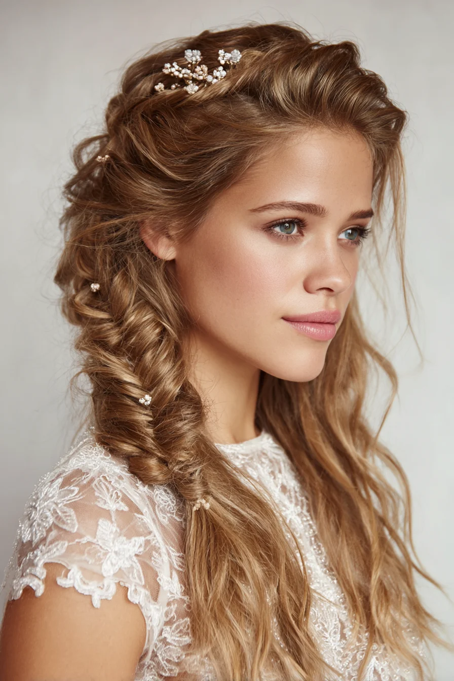 Boho Side Fishtail Braid with Voluminous Crown & Loose Waves