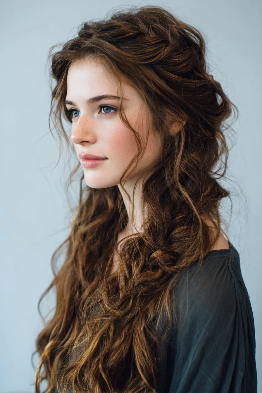 Boho Textured Half-Up with Loose Waves and Face‑Framing Tendrils