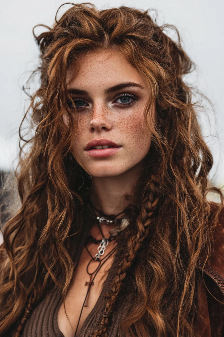 Boho Textured Waves with Long Layers and Small Braids