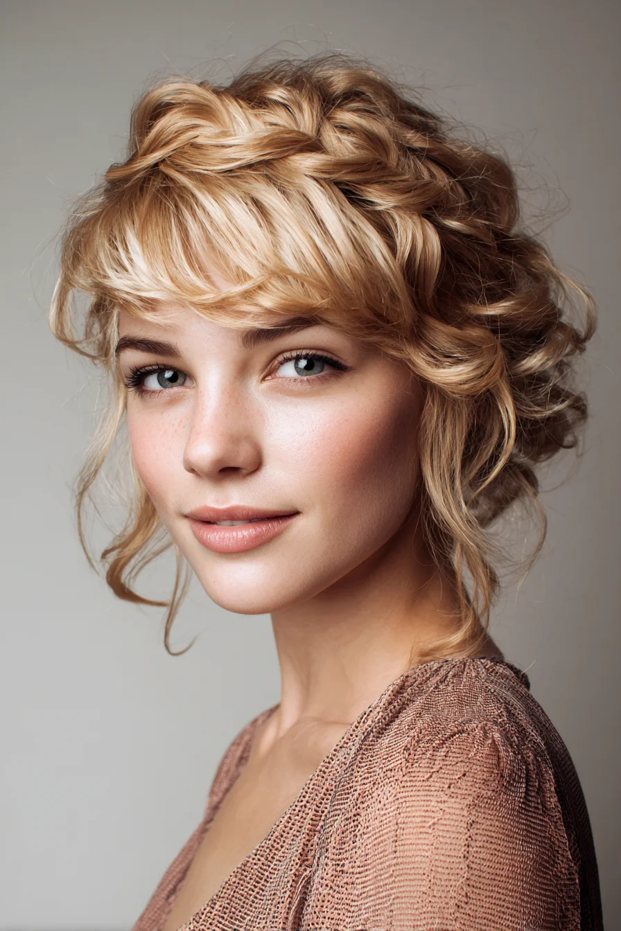 Braided Crown Romantic Updo with Wispy Bangs — Textured Tousled Style