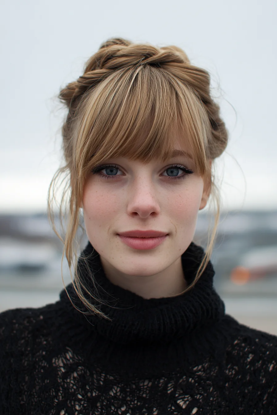 Braided Crown Updo with Soft Face‑Framing Tendrils and Straight Bangs
