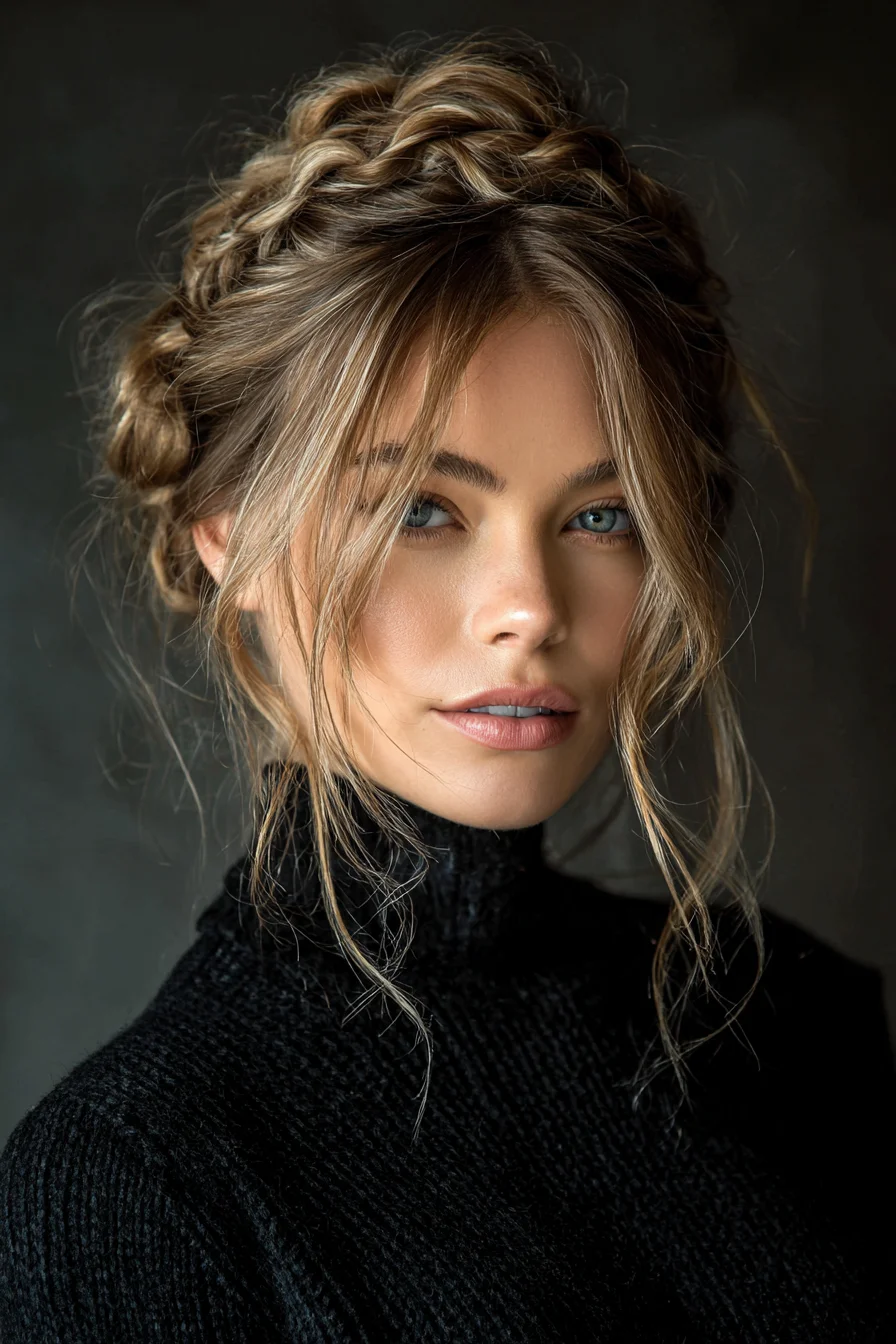 Braided Crown Updo with Soft Face‑Framing Tendrils