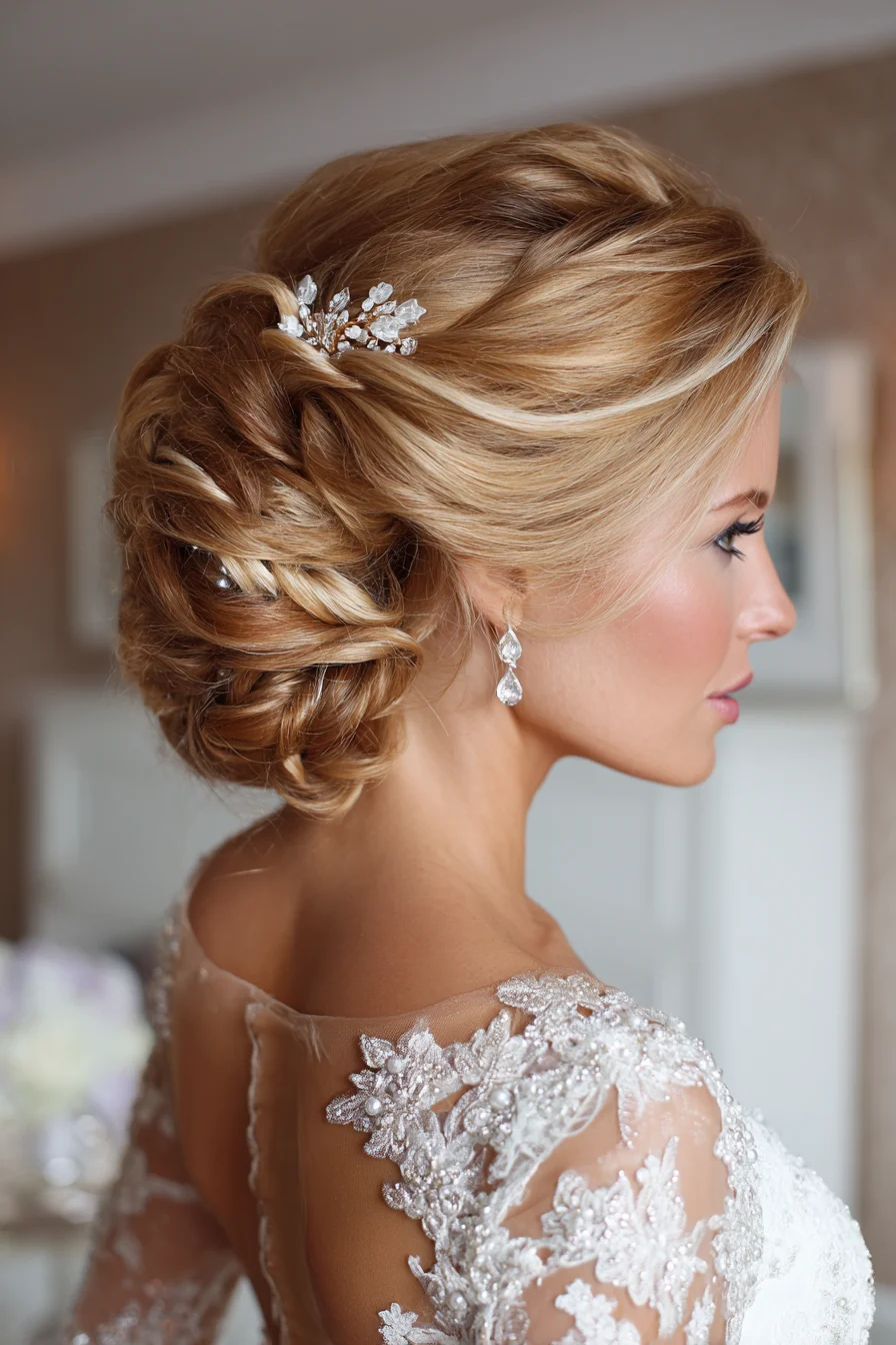 Braided Low Bun Updo with Delicate Hairpiece — Romantic Bridal Style