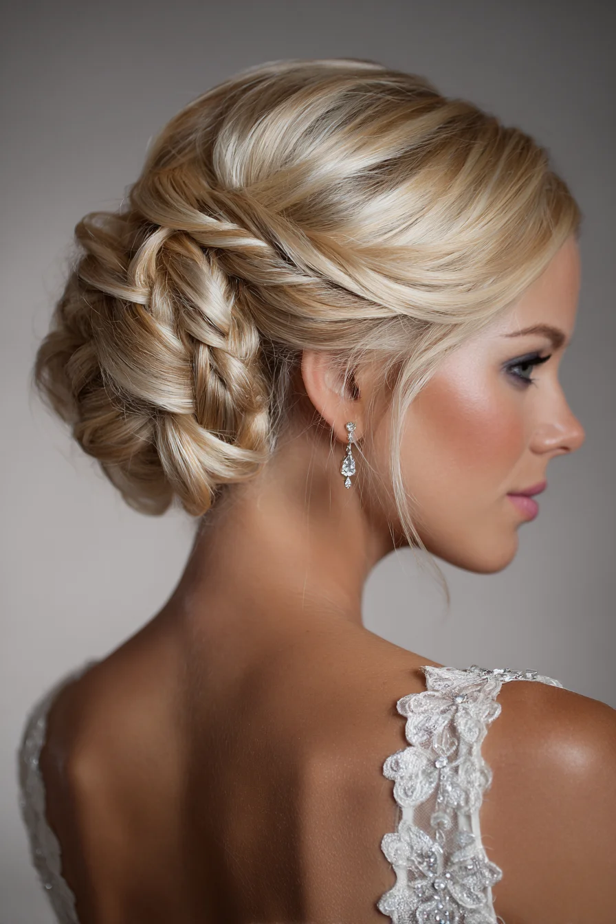 Braided Low Bun Updo with Side-Swept Twist