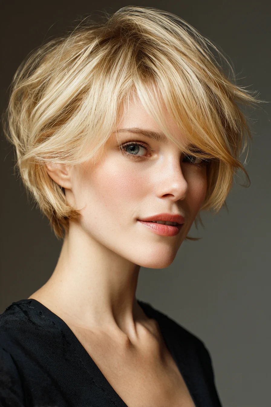 Chic Textured Blonde Pixie-Bob with Side-Swept Fringe