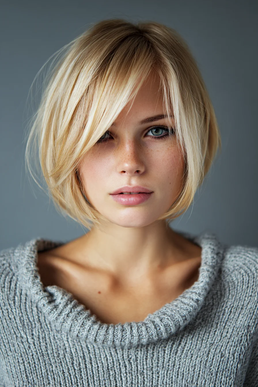 Chin-Length Textured Bob with Side-Swept Bangs
