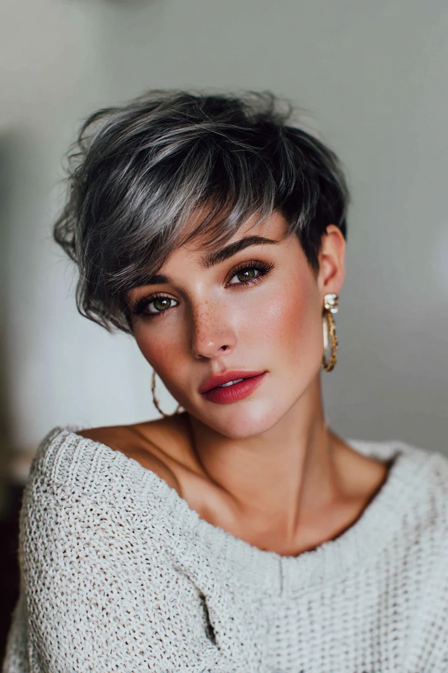 Choppy Ash-Silver Pixie with Side-Swept Fringe