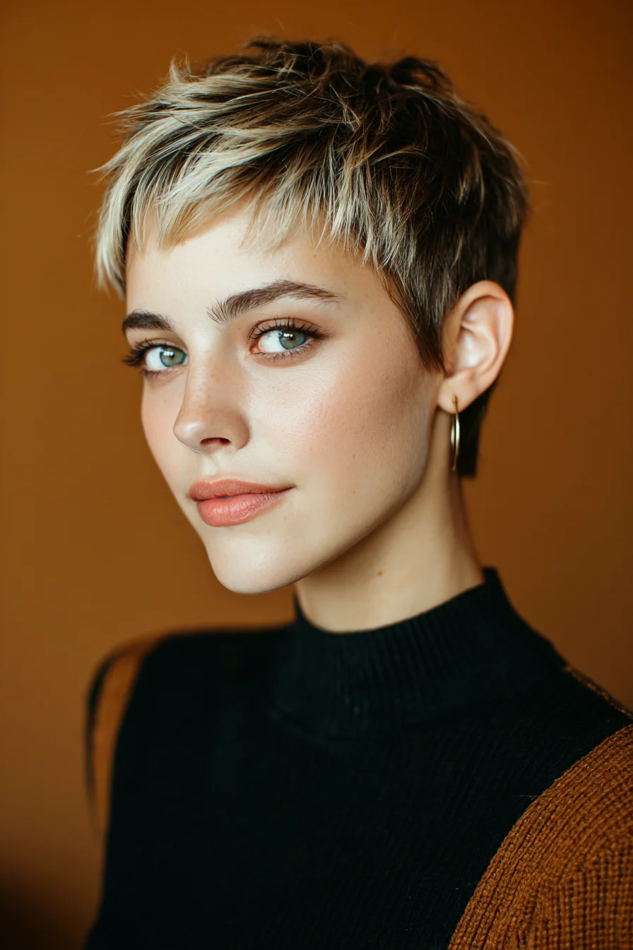 Choppy Textured Pixie with Short Fringe and Blonde Highlights