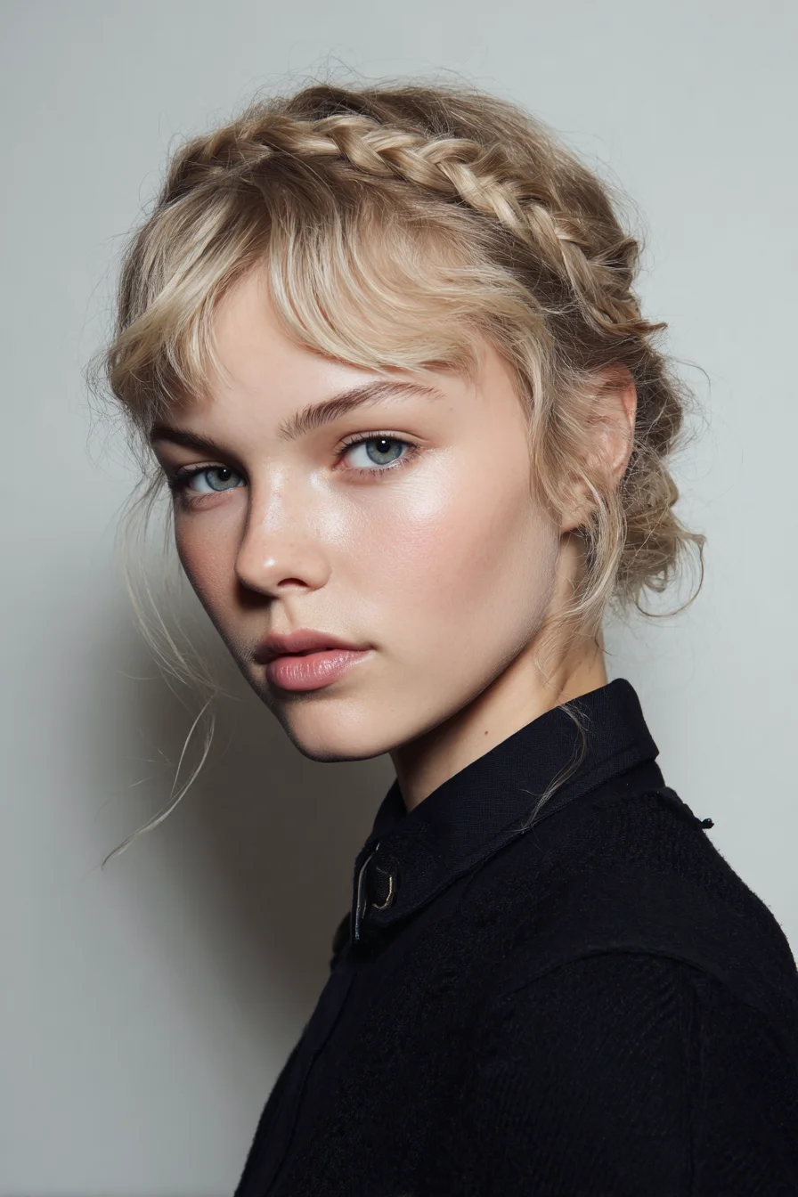 Crown Halo Braid with Low Messy Bun and Soft Face‑Framing Wisps