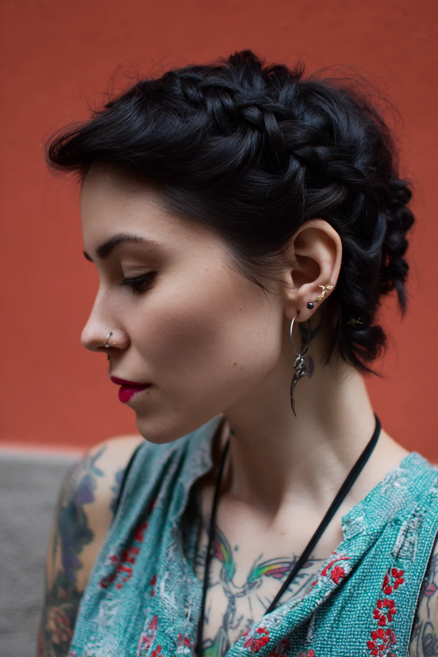 Double French Crown Braids Updo for Short–Medium Thick Hair