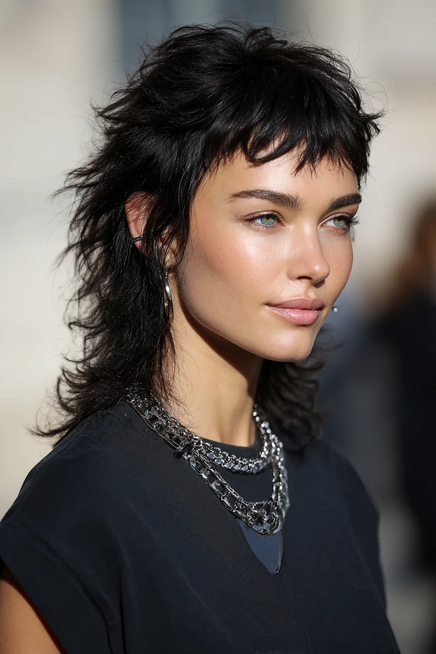 Edgy Textured Shag Mullet with Choppy Micro-Bangs
