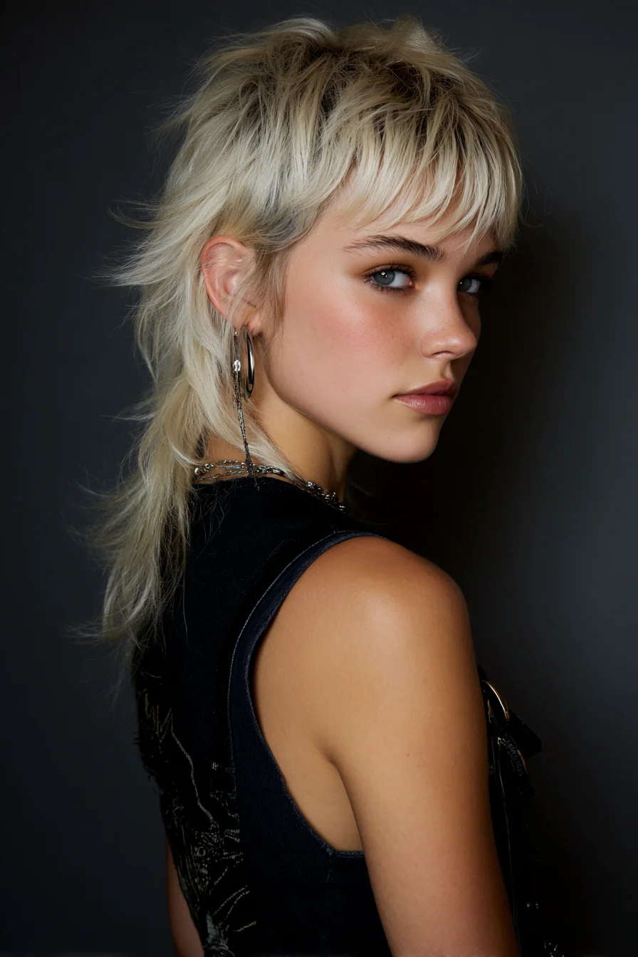 Edgy Textured Shag Mullet with Short Fringe – Piecey, Layered Blonde Style