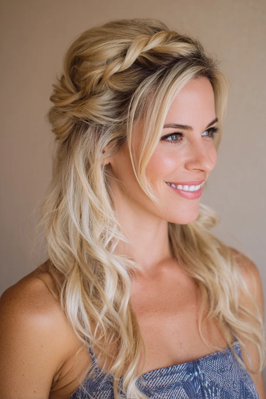 Half-Up Braided Crown with Soft Beach Waves