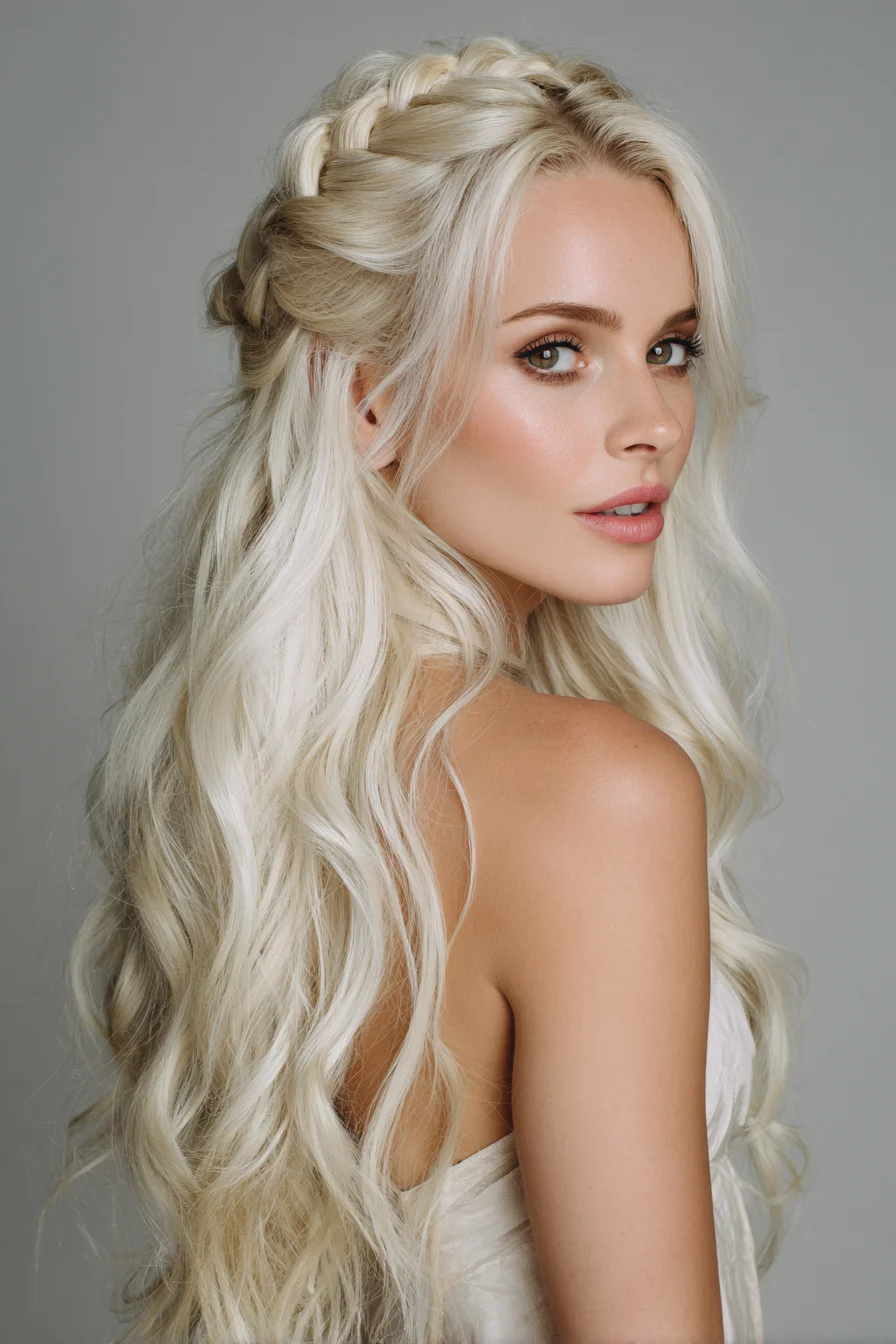 Half-Up Crown Dutch Braid with Loose Beach Waves