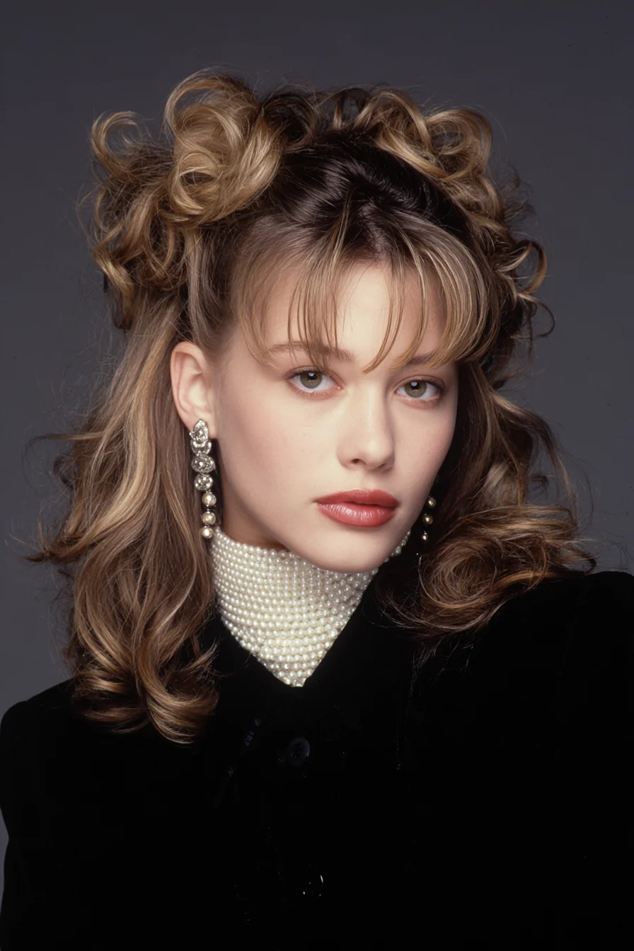 Half-Up Curly Bouffant with Wispy Fringe — Voluminous Vintage-Inspired Style