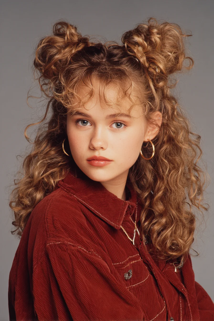 Half-Up Double Messy Buns with Natural Curls and Curtain Bangs