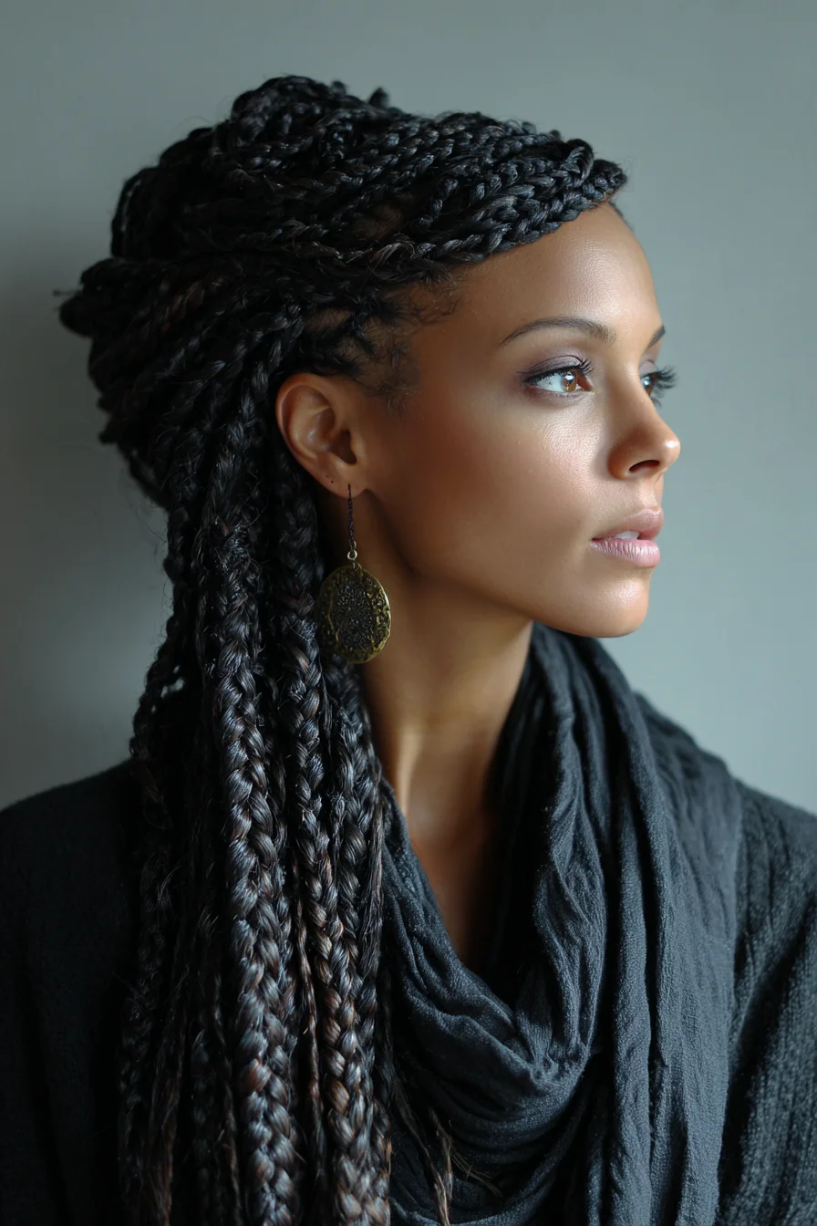 Half-Up Long Box Braids with Side-Swept Crown